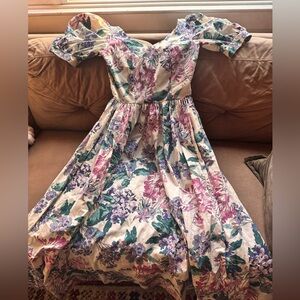 Vintage Laura Ashley Cream Floral Midi Dress with Pink, Purple & Green Blooms
